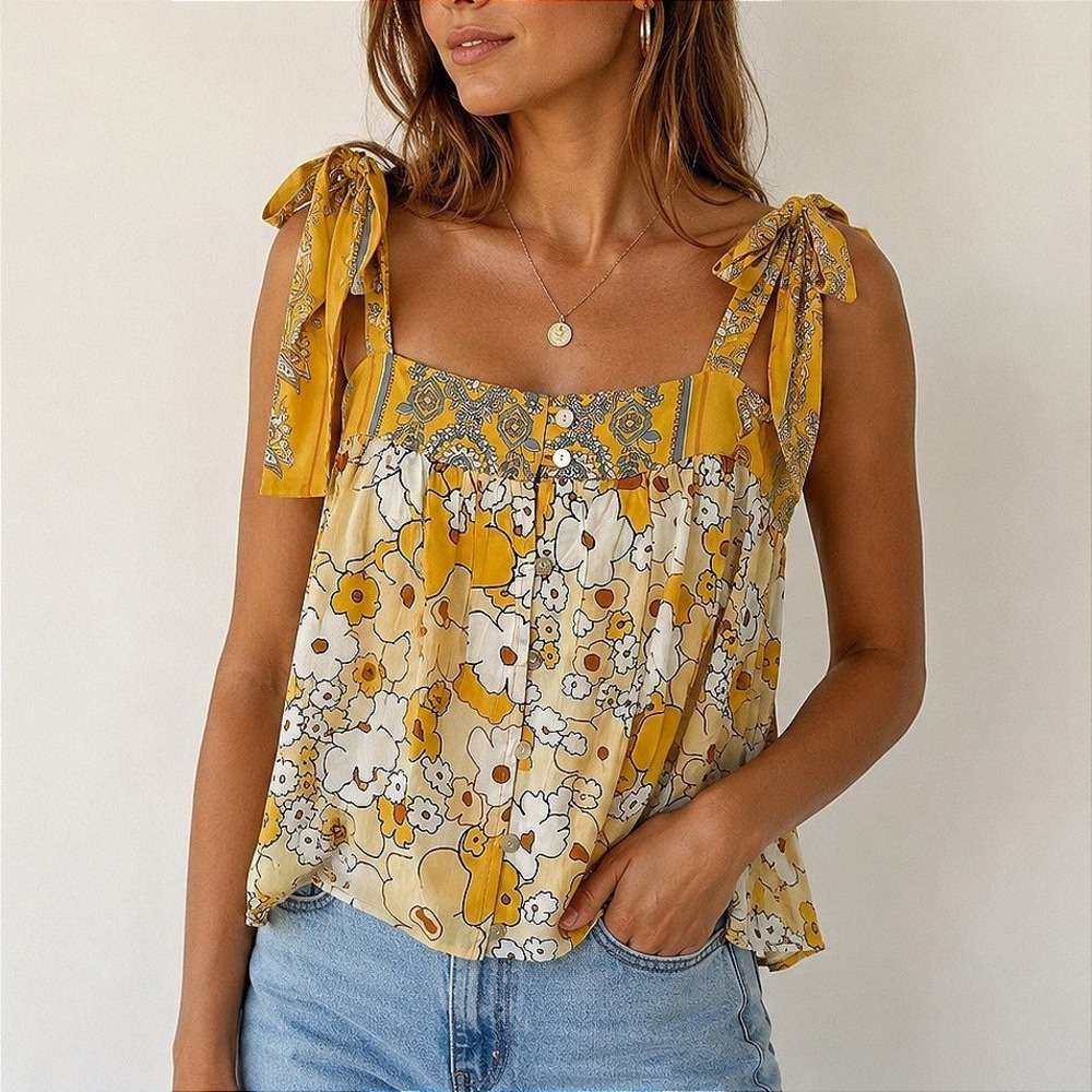 Floral Paisley Women's Medium Yellow Camisole Tank Boho Retro Feminine